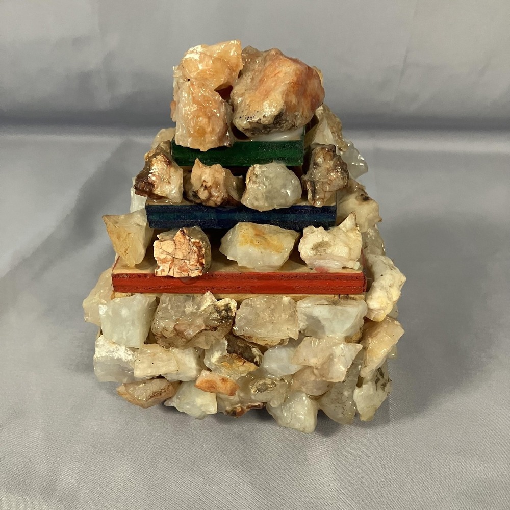 Handmade Stone Quartz Rock Encrusted Pyramid Trinket Jewelry Box Woodโ Keepsake
